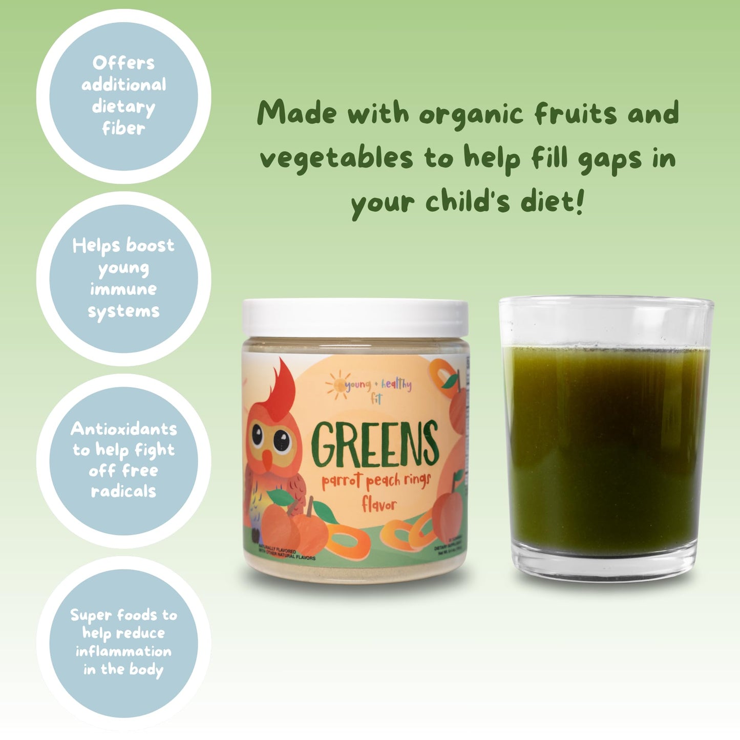Mezcla Young Healthy Fit greens con fibra y antioxidantes para niños