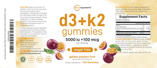 Frasco Micro Ingredients gomitas D3 K2 5000IU sabor maracuyá para huesos