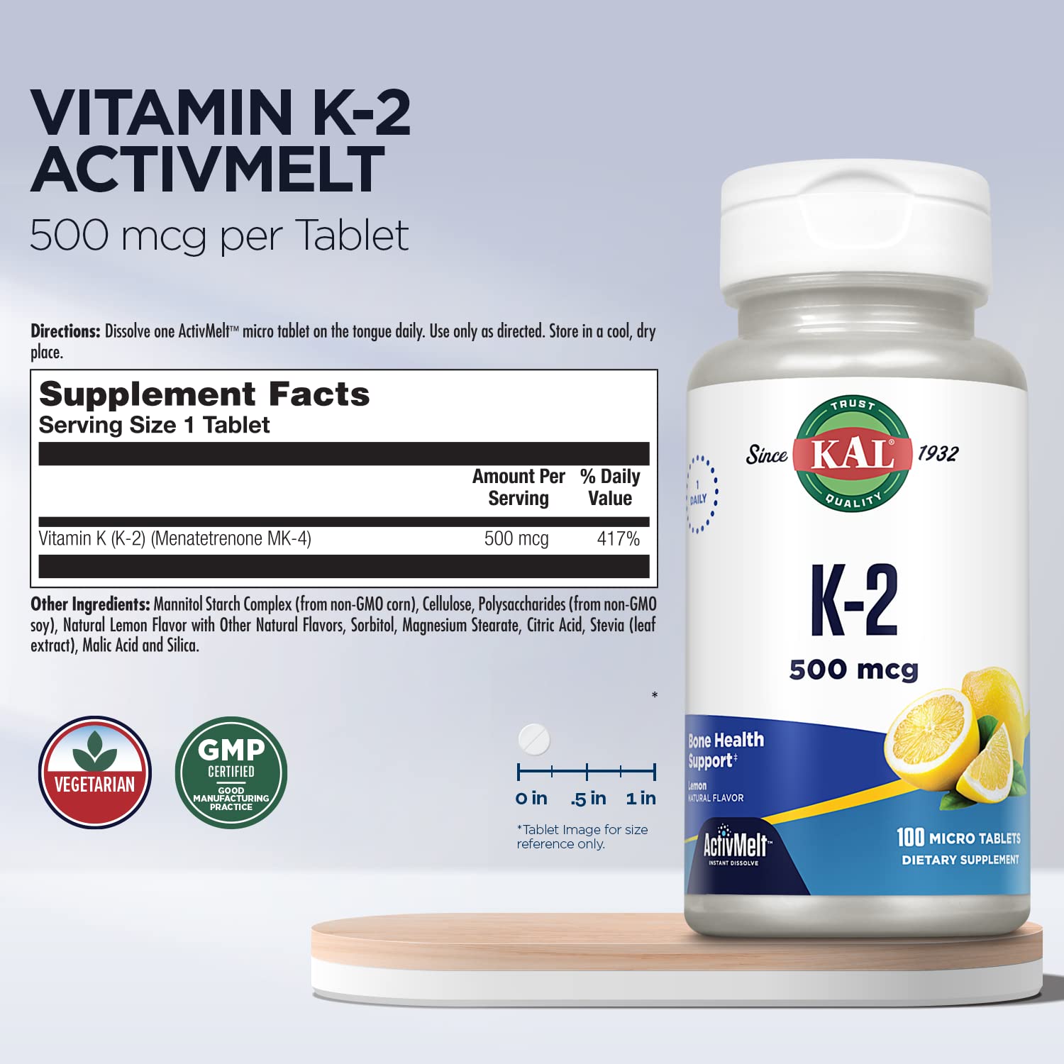 Micro tabletas KAL vitamina K2 ActivMelts sabor limón natural 100 unidades