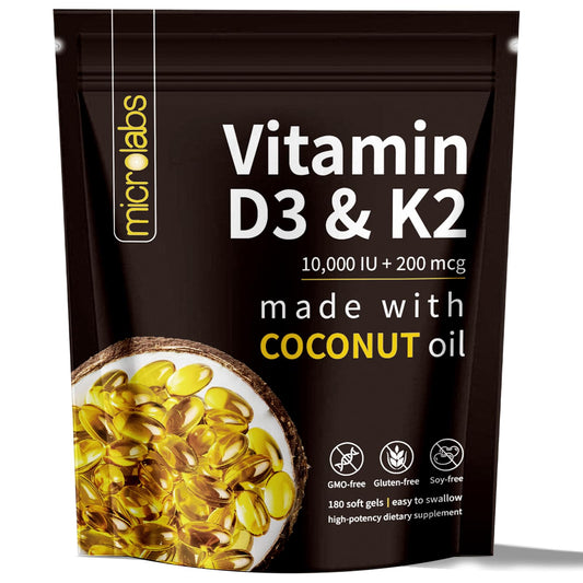 Botella de MicroLabs vitamina D3 K2 10000 UI y 200 mcg, 300 softgels