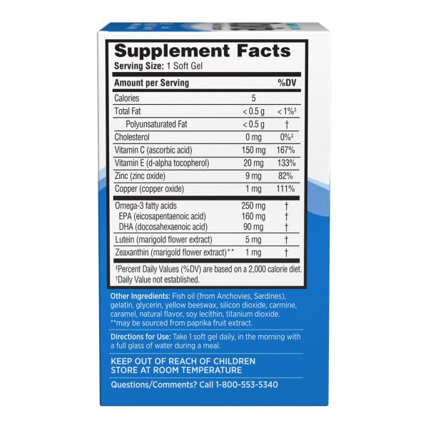 Mini softgels Ocuvite para salud visual y antioxidantes