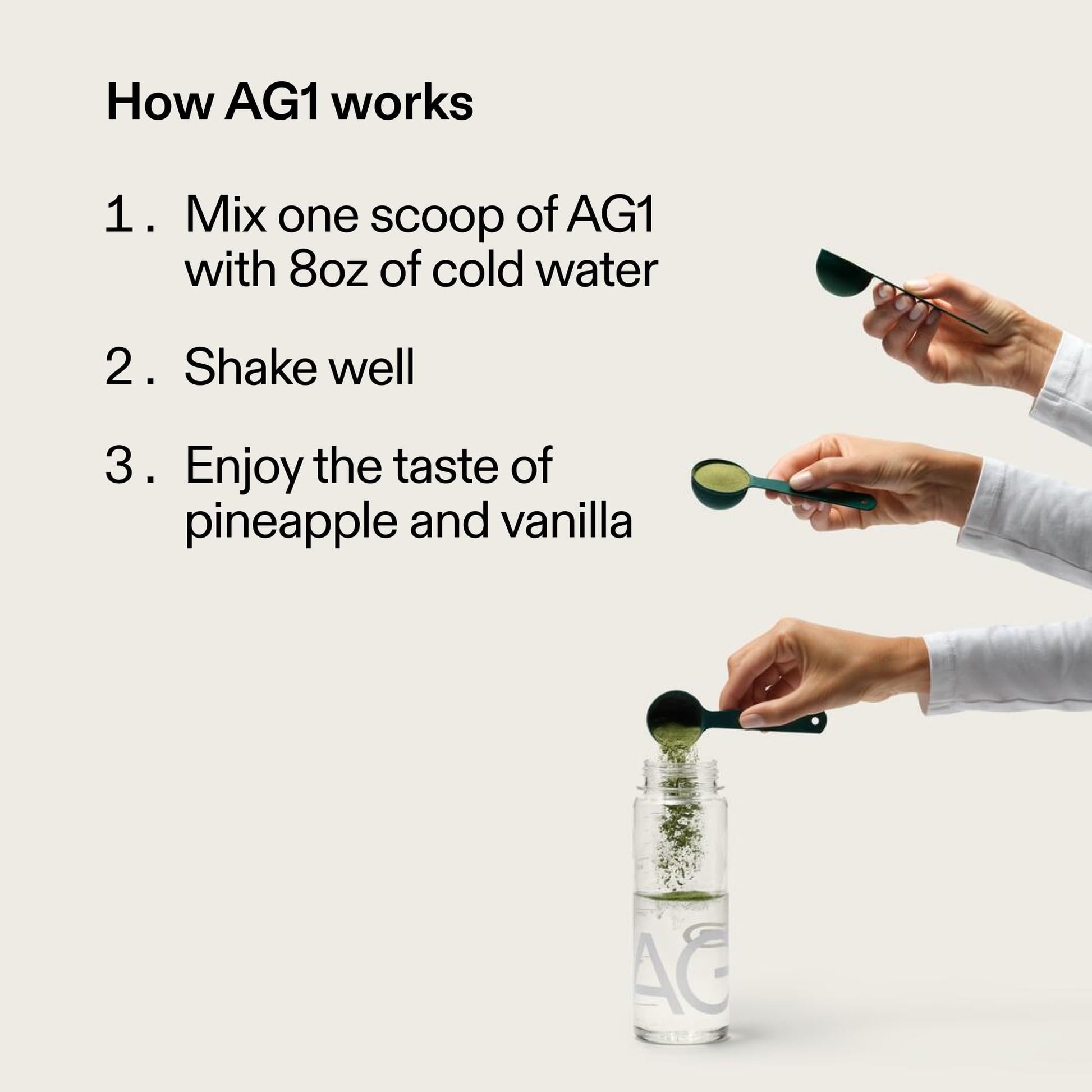 Modo de empleo de AG1 con cuchara y botella