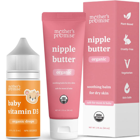 Paquete Mother's Promise manteca pezón y gotas vitamina D3 bebés
