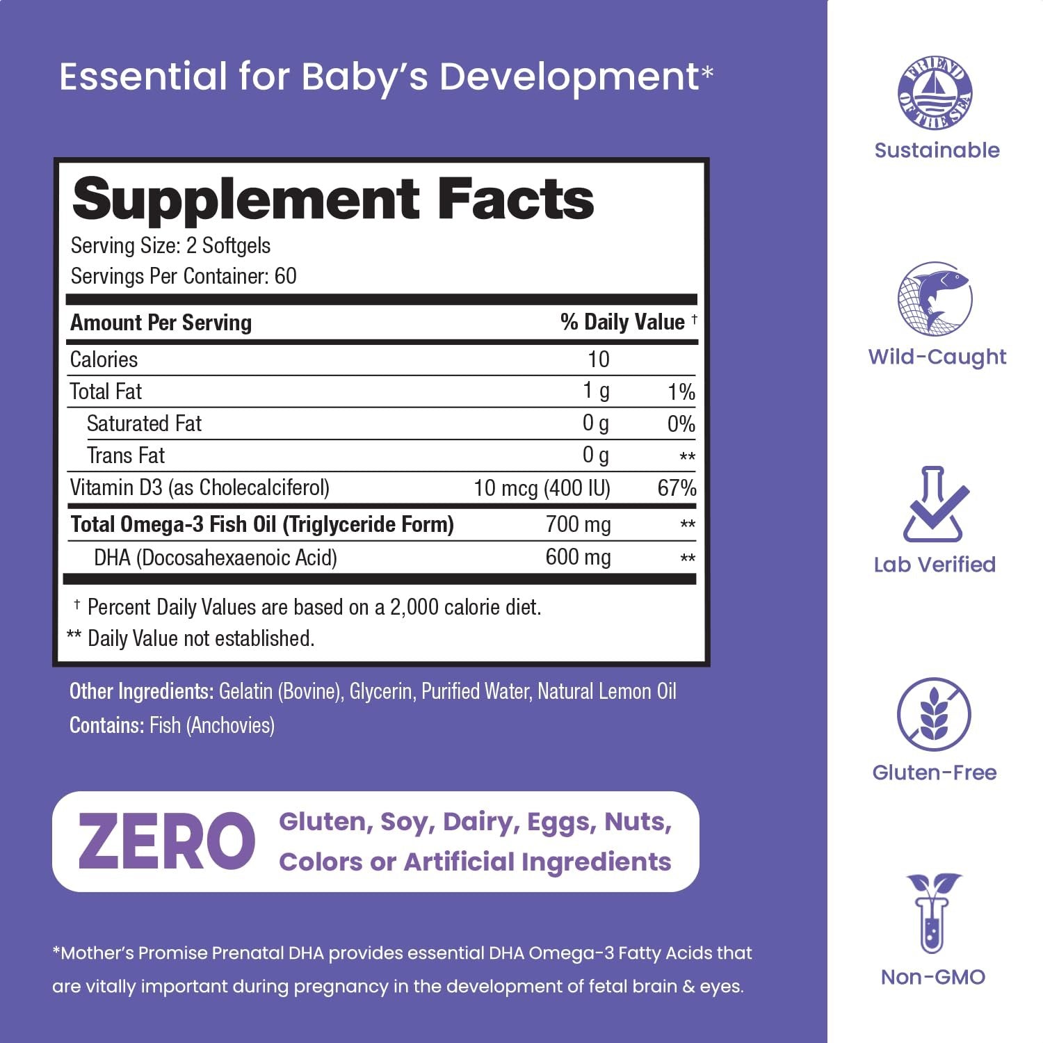 Mother's Promise suplemento DHA prenatal para desarrollo fetal