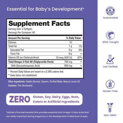 Mother's Promise suplemento DHA prenatal para desarrollo fetal