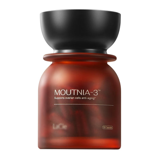 Caja y frasco de MOUTNIA-3 cápsulas para apoyo ovárico y hormonas mujer