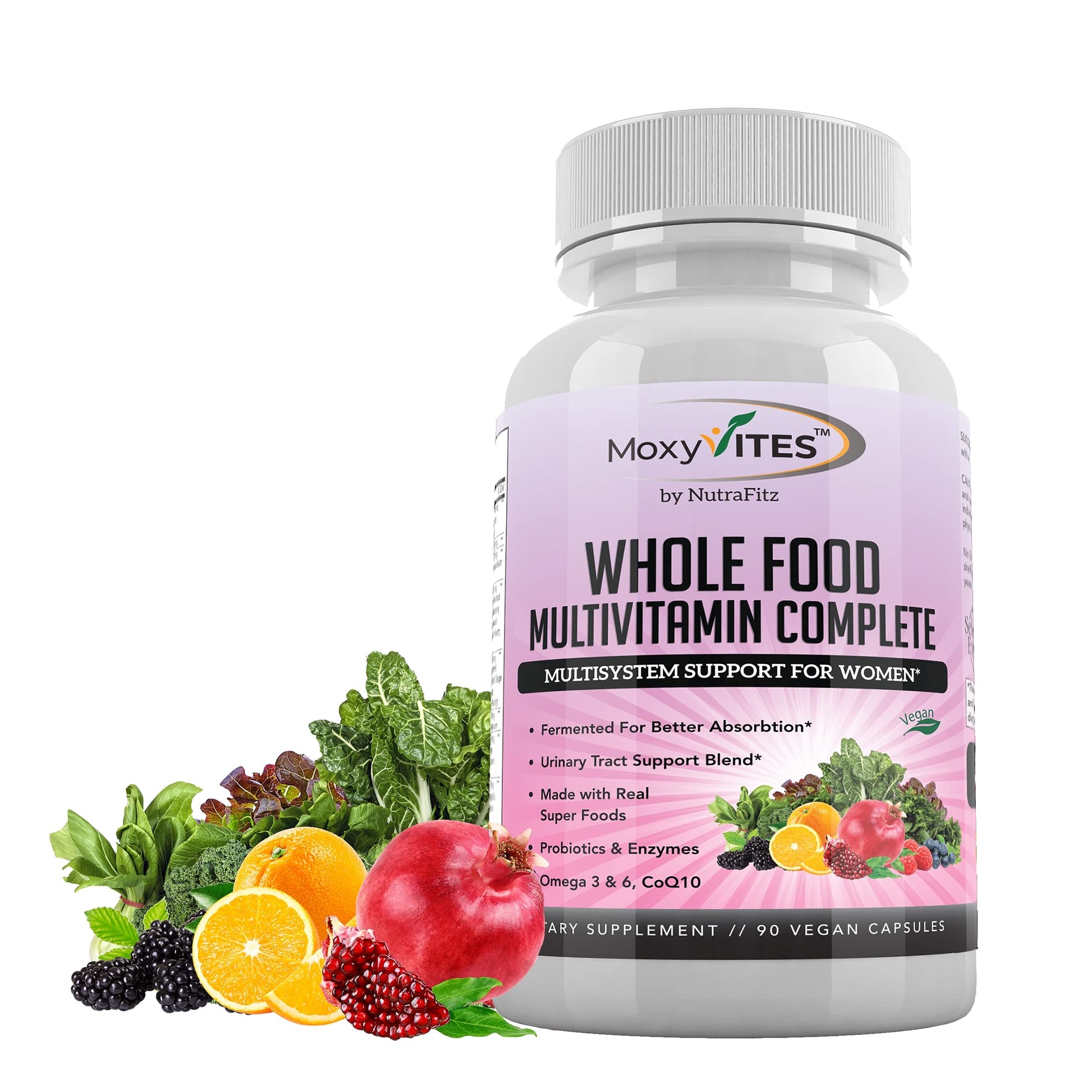 MoxyVites multivitamina botella y frutas.