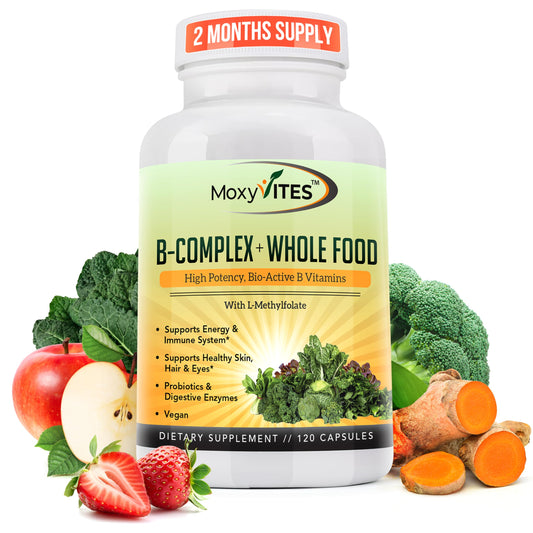 MoxyVites suplemento complejo b caja y frasco 120 cápsulas
