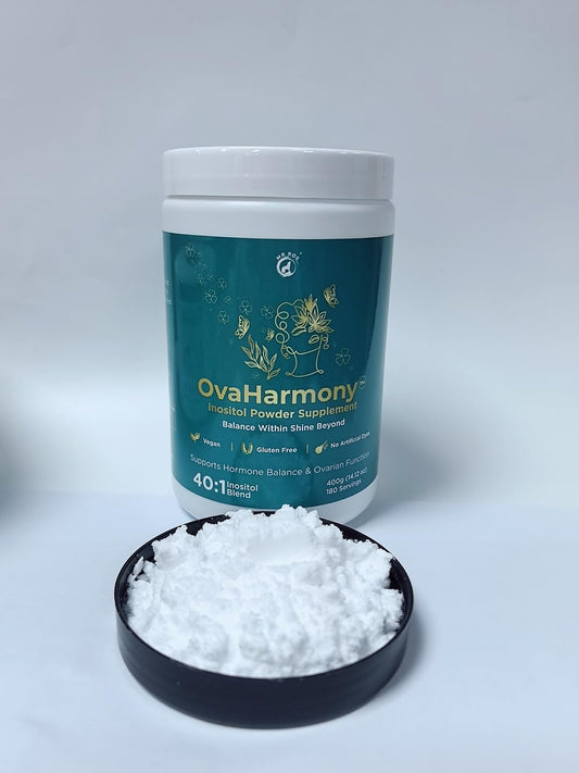 Frasco de suplemento Mr Ros OvaHarmony en polvo inositol para equilibrio hormonal