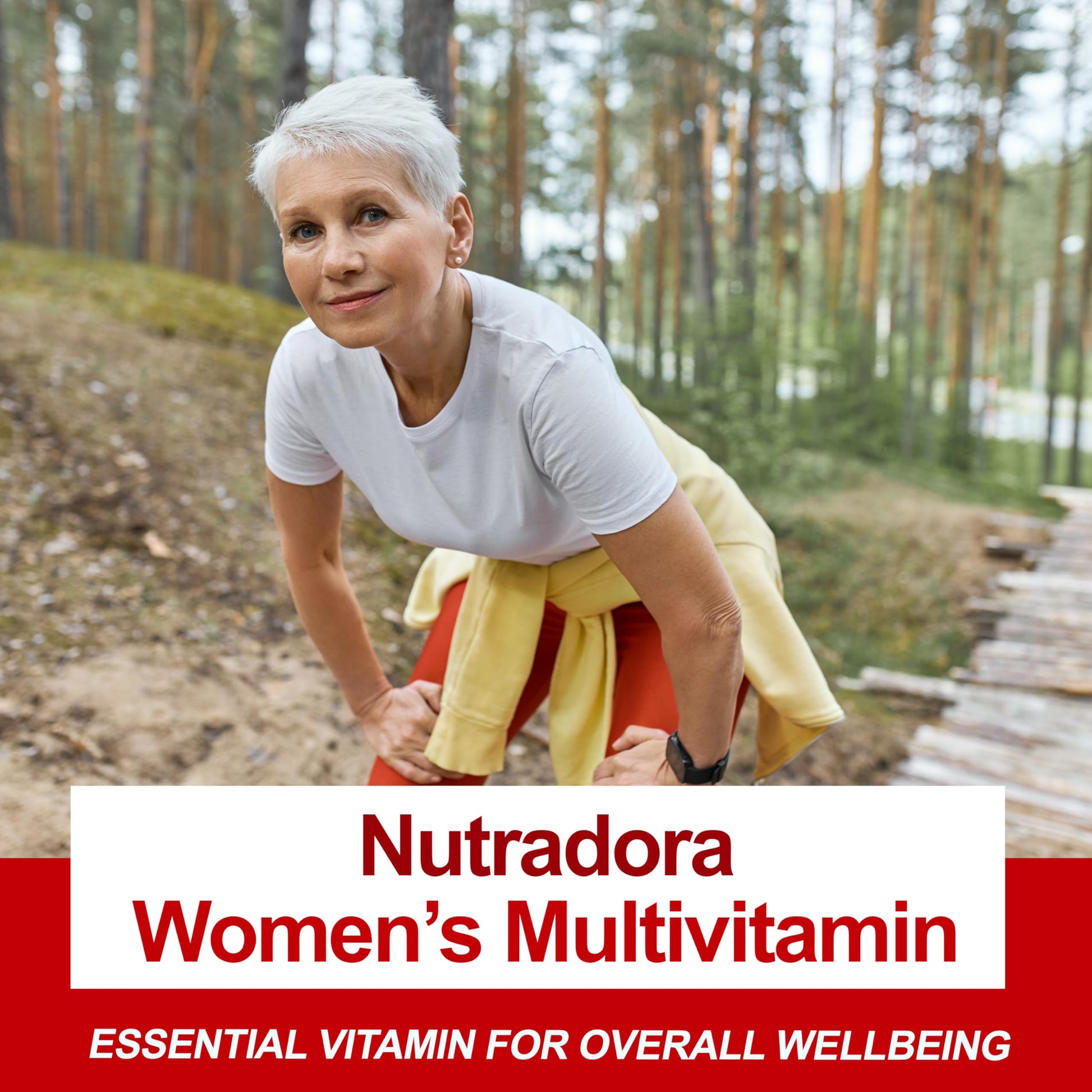 Mujer activa al aire libre, promoviendo multivitaminas.