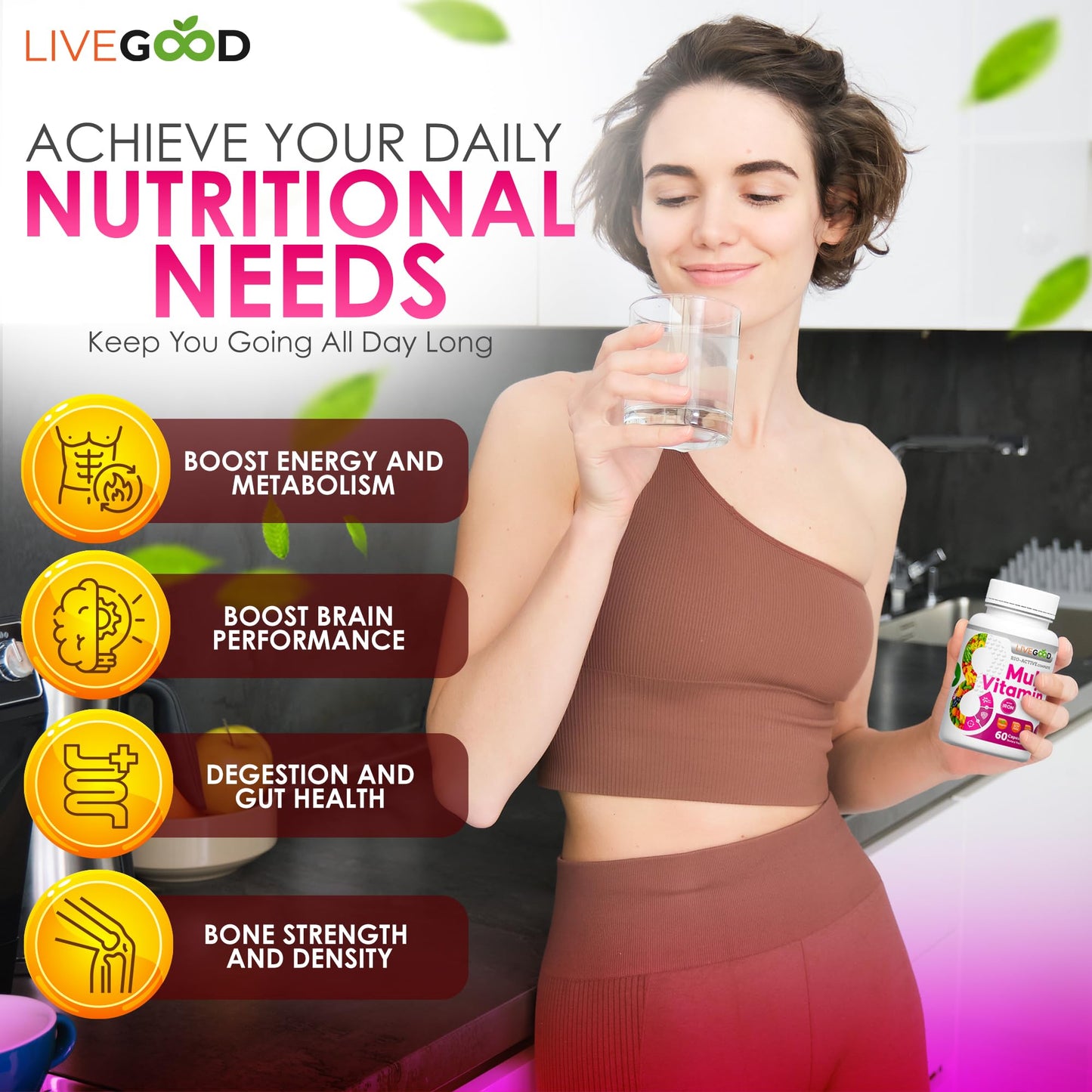 Mujer sosteniendo una botella de multivitamínico LIVEGOOD