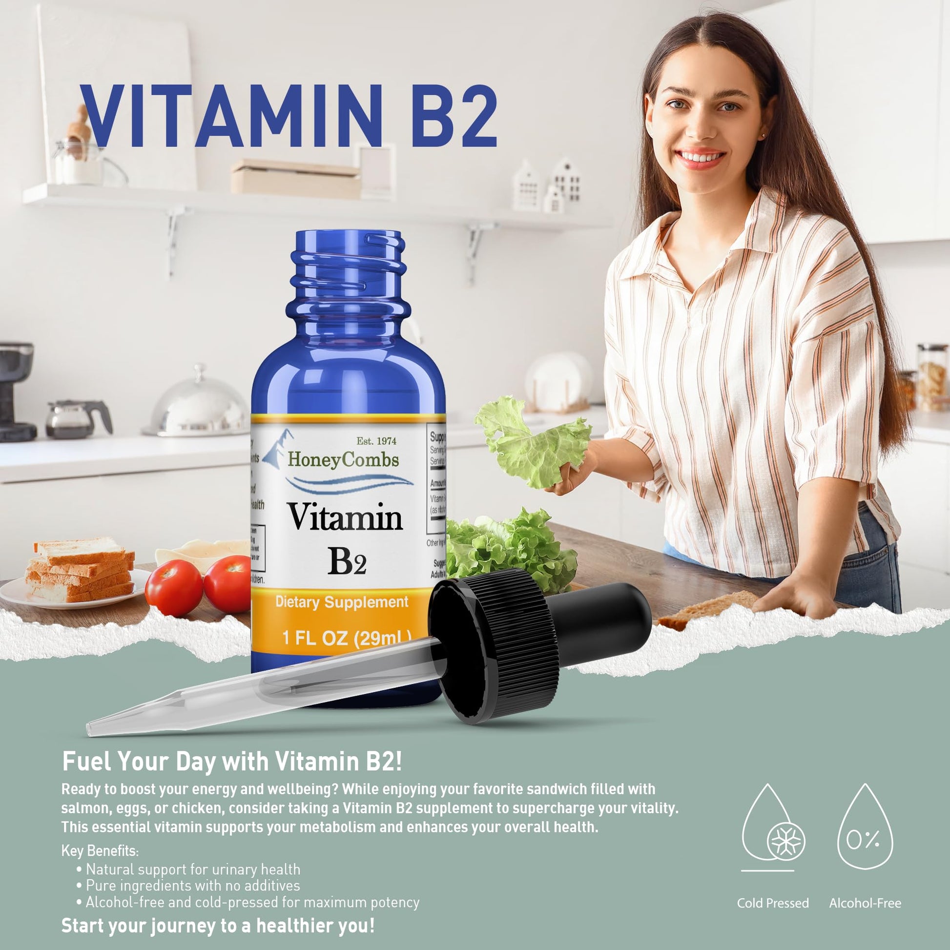 Mujer en cocina con suplemento de vitamina B2 HoneyCombs.