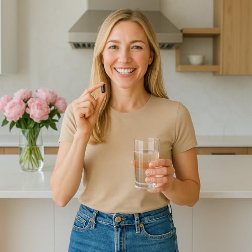 Mujer sonriendo tomando cápsula con vaso de agua.