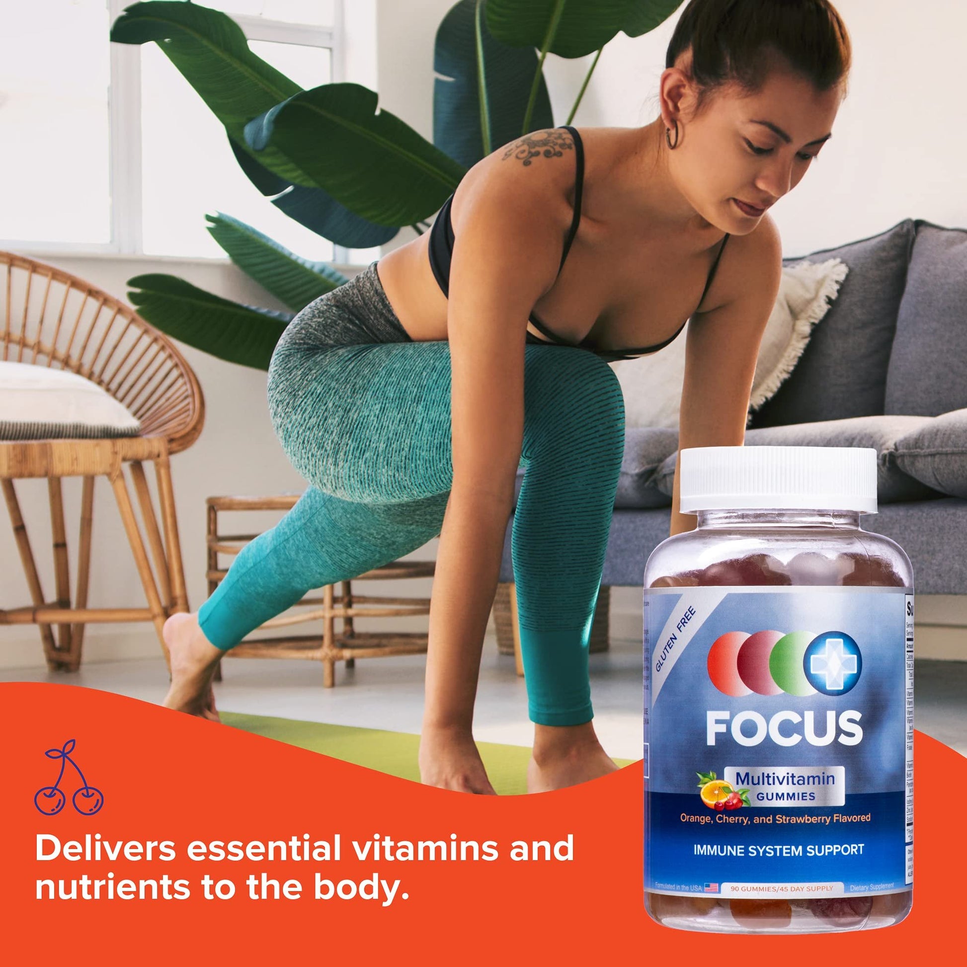Mujer haciendo yoga con gomitas Focus