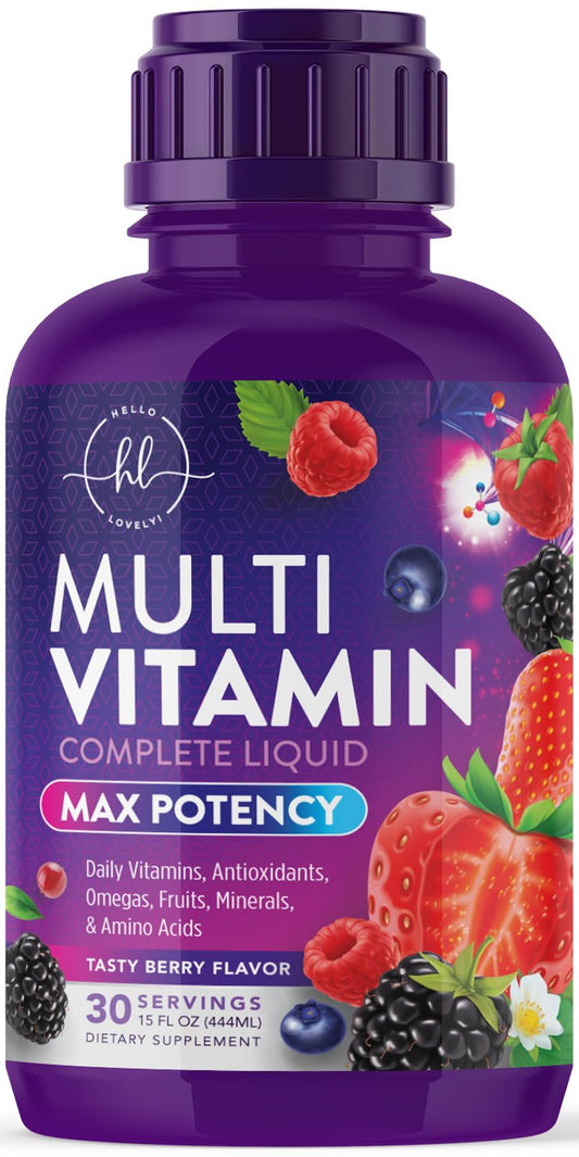 Multivitamina líquida Hello Lovely con vitaminas esenciales sabor a bayas