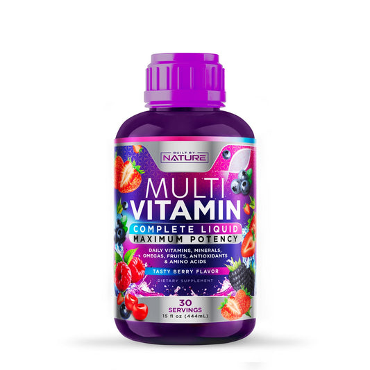 Botella de multivitamina líquida sabor a bayas para toda la familia