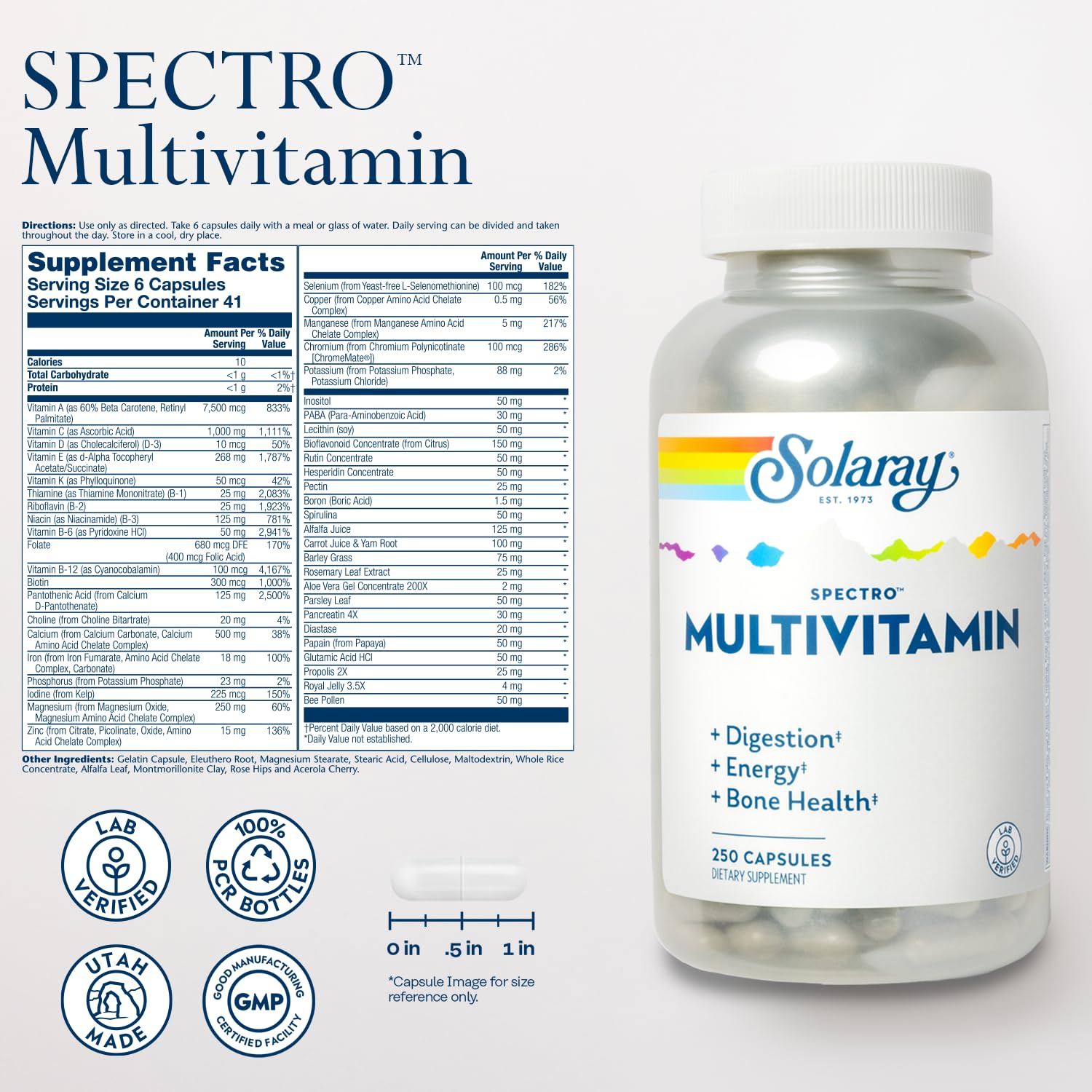 Multivitamina Solaray Spectro, antioxidantes y apoyo óseo, 250 cápsulas.