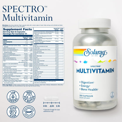 Multivitamina Solaray Spectro, antioxidantes y apoyo óseo, 250 cápsulas.