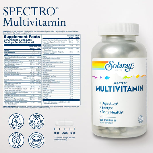 Multivitamina Solaray Spectro, antioxidantes y apoyo óseo, 250 cápsulas.