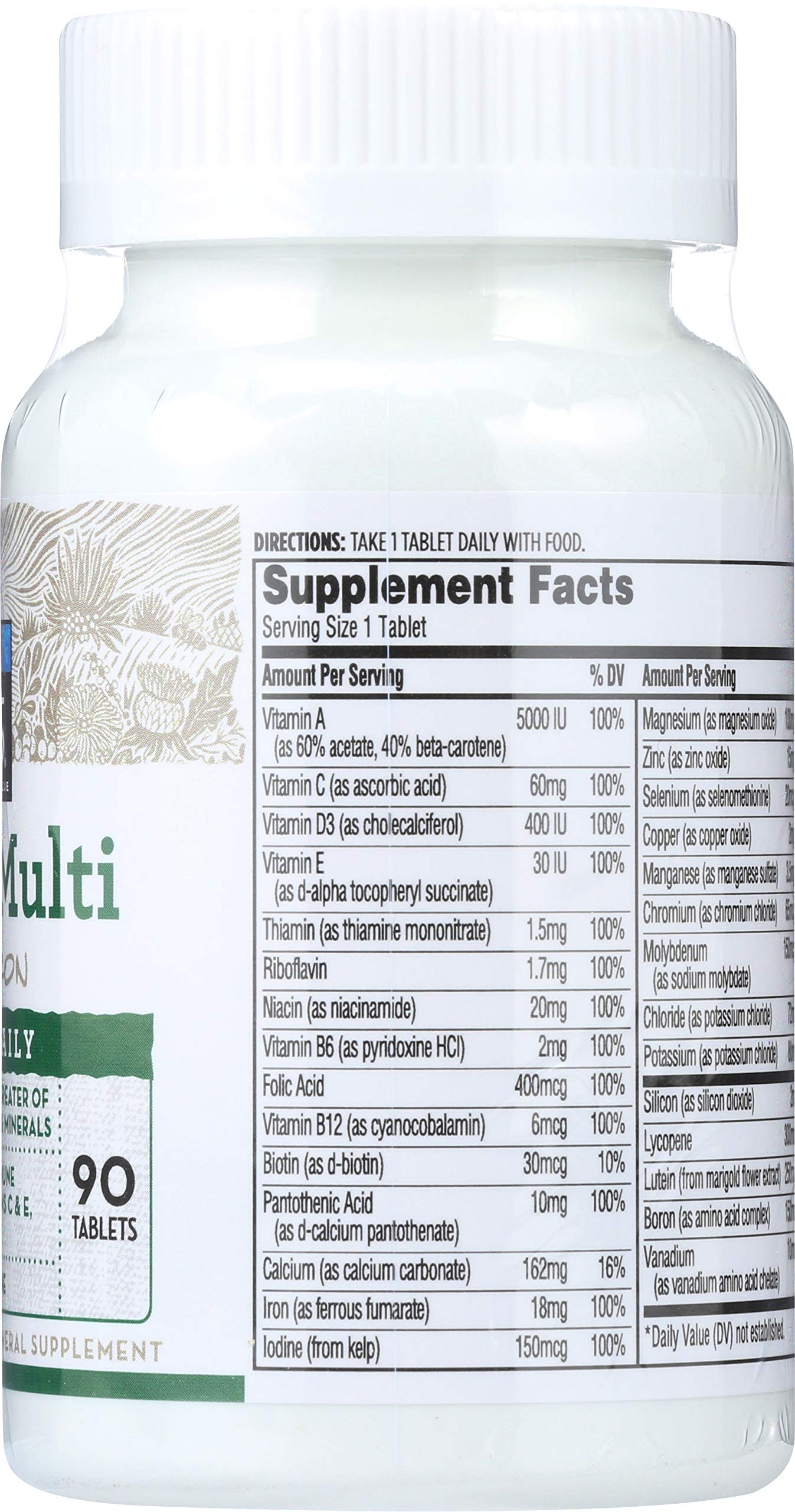 Tabla de ingredientes de multivitaminas para adultos 365