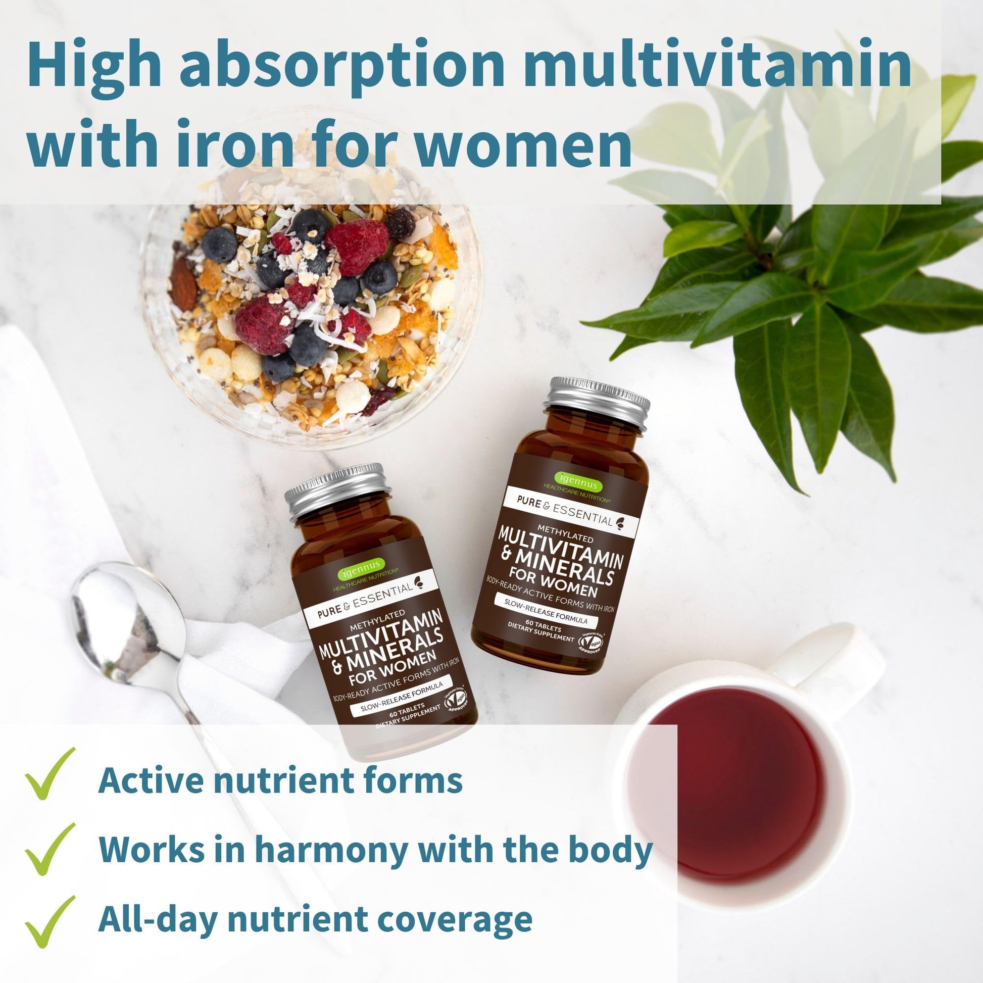 Multivitaminas de alta absorción para mujeres con hierro.