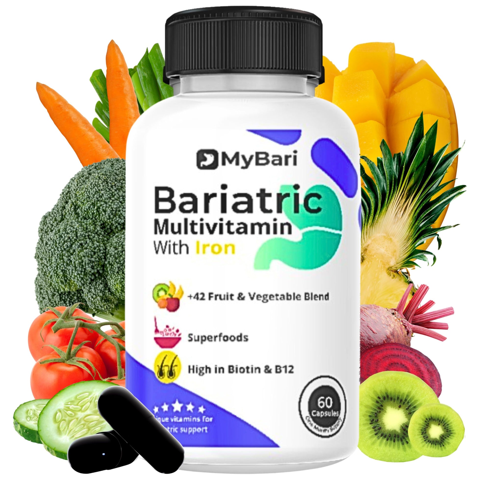 Frasco de multivitaminas bariátricas MyBari con hierro