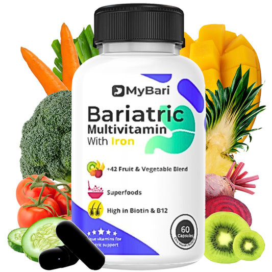 Frasco de multivitaminas bariátricas MyBari con hierro