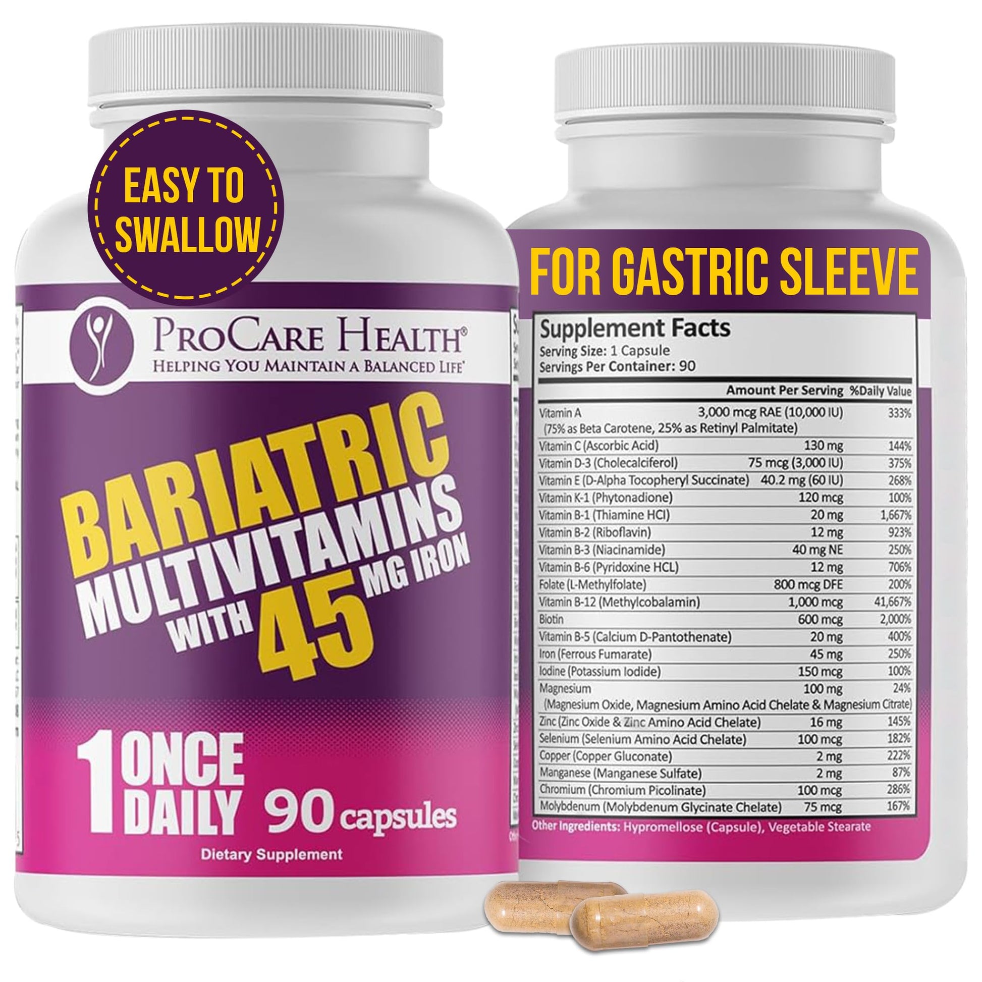 botella de multivitaminas bariátricas con hierro de procare health