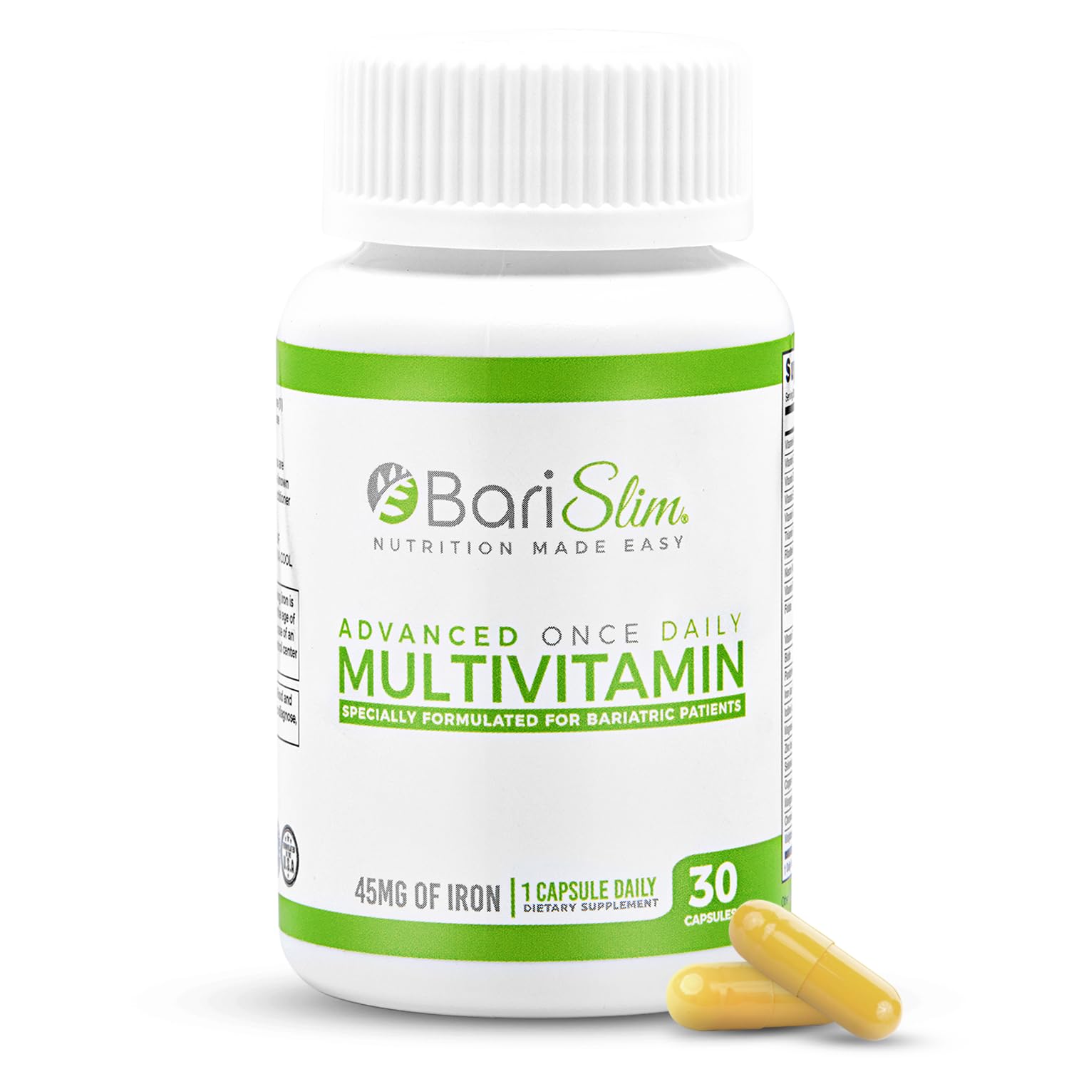 Bote de multivitaminas BariSlim con 45 mg de hierro.