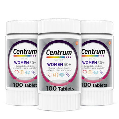 Tres botellas de multivitaminas Centrum para mujeres mayores de 50 años