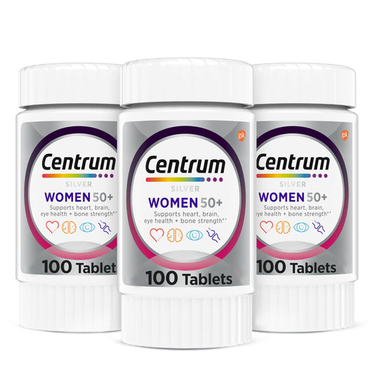 Tres botellas de multivitaminas Centrum para mujeres mayores de 50 años