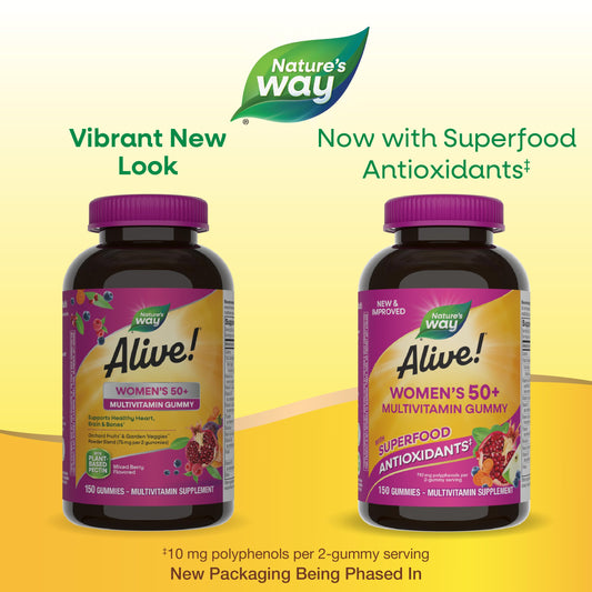 Dos envases comparando mejoras en multivitaminas para mujeres 50+