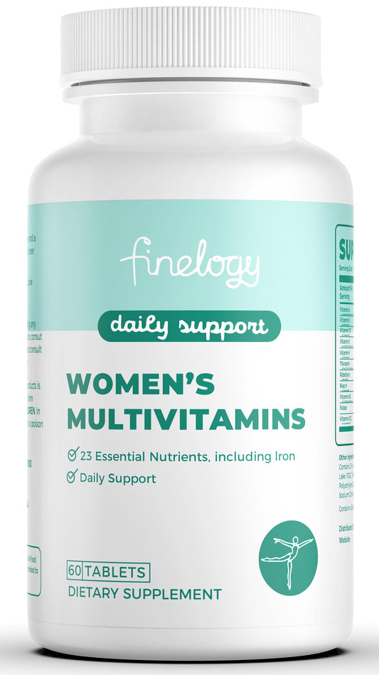 Botella de multivitaminas Finelogy para mujeres con hierro y vitaminas esenciales