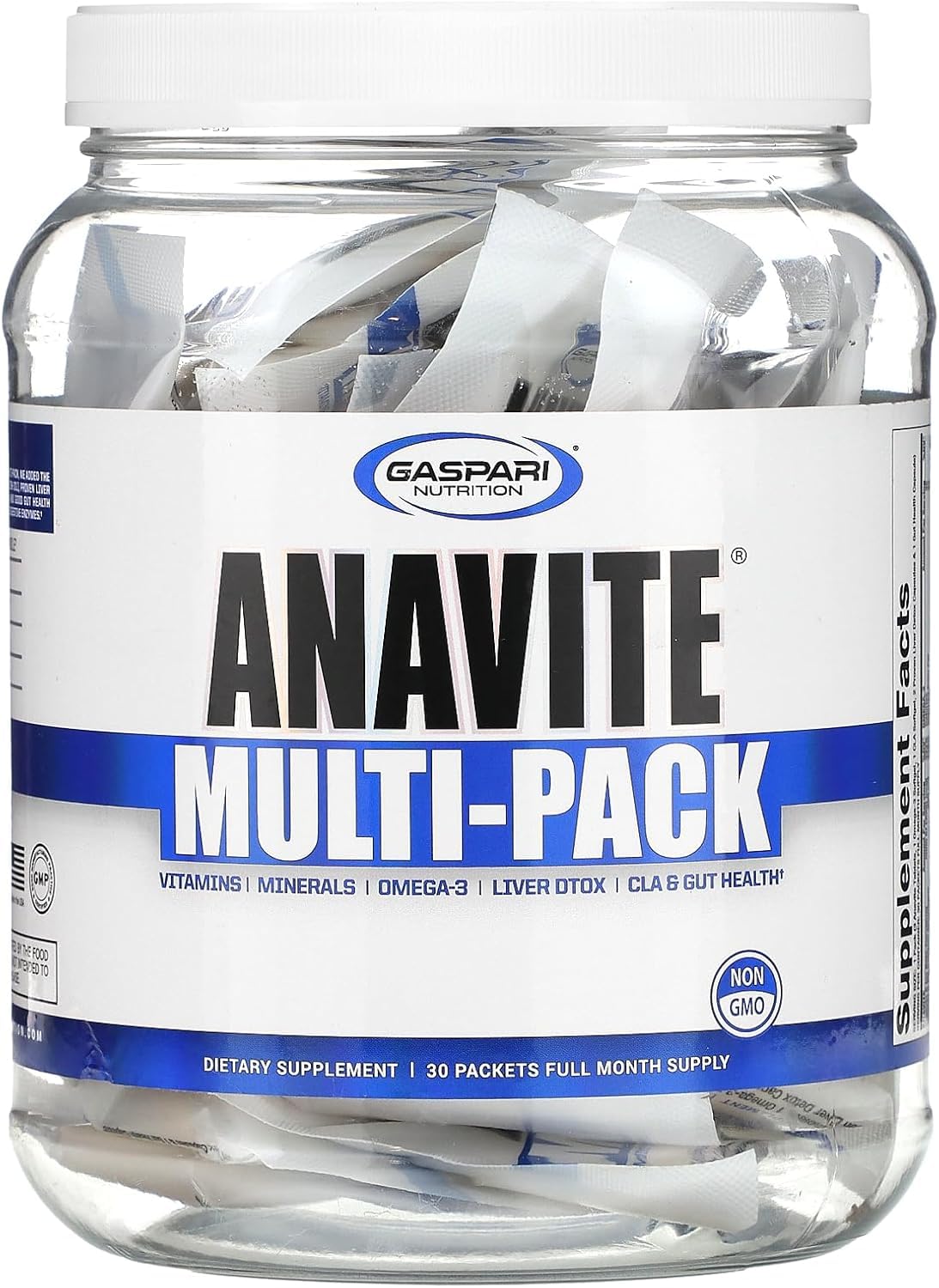 Paquete de multivitaminas Gaspari Anavite en frasco con etiqueta azul.