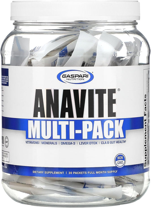 Paquete de multivitaminas Gaspari Anavite en frasco con etiqueta azul.