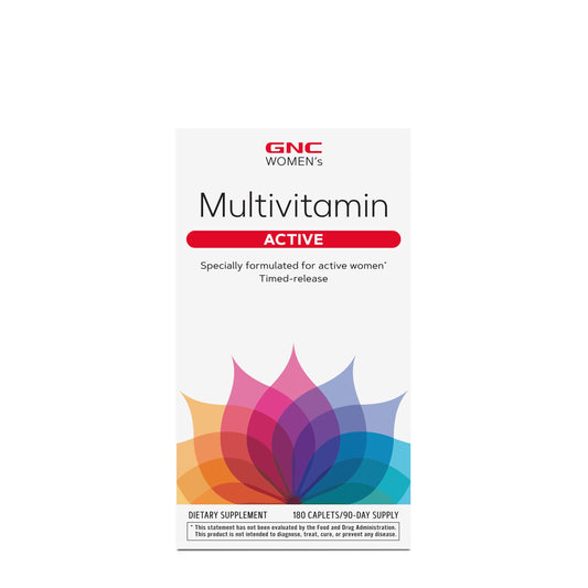 Caja de multivitaminas GNC Women's Active con diseño floral.