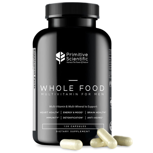 Botella de multivitaminas para hombres con 120 cápsulas de alimentos enteros