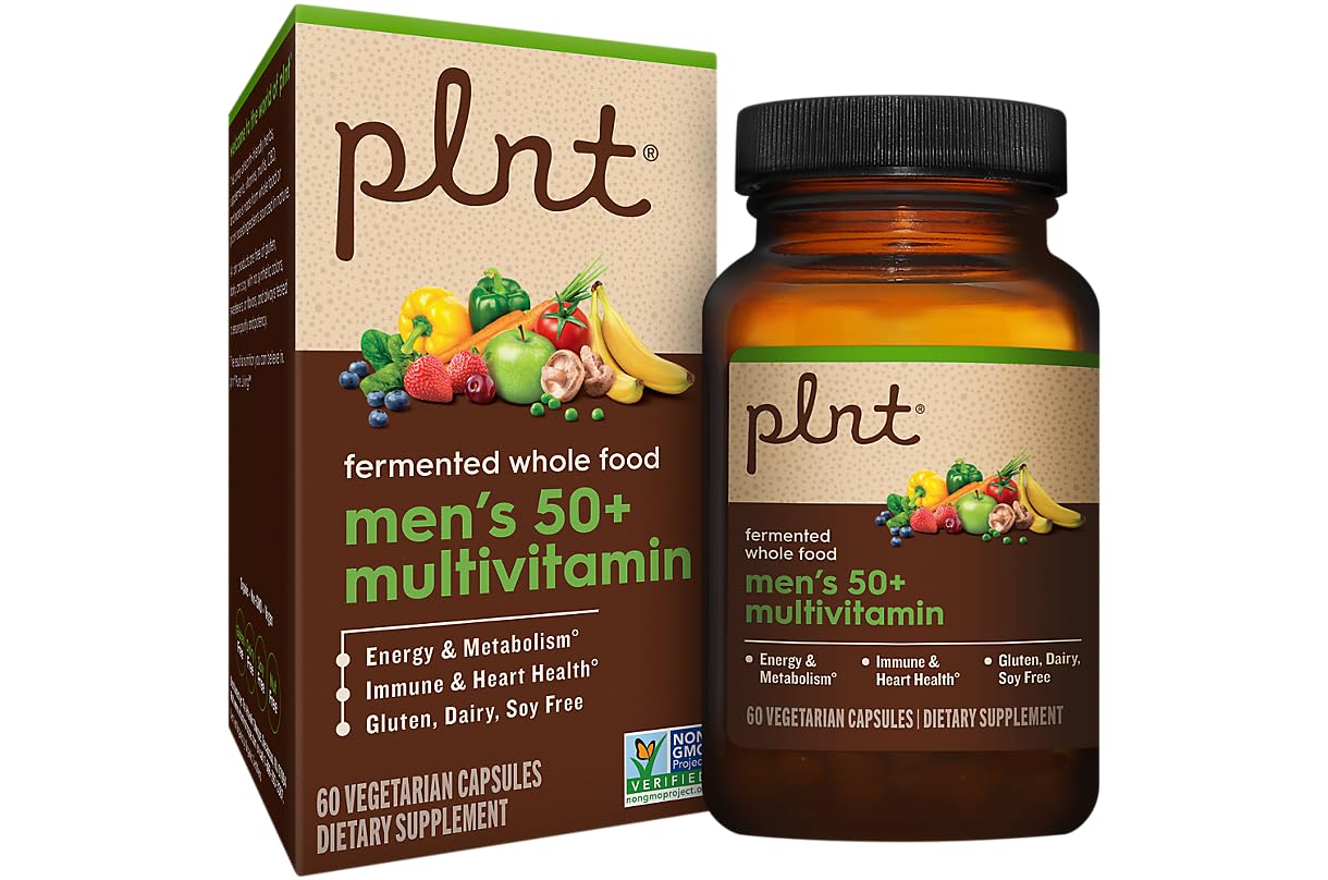 Caja y botella de multivitaminas para hombres 50+ con frutas.
