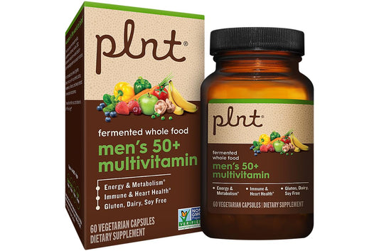 Caja y botella de multivitaminas para hombres 50+ con frutas.