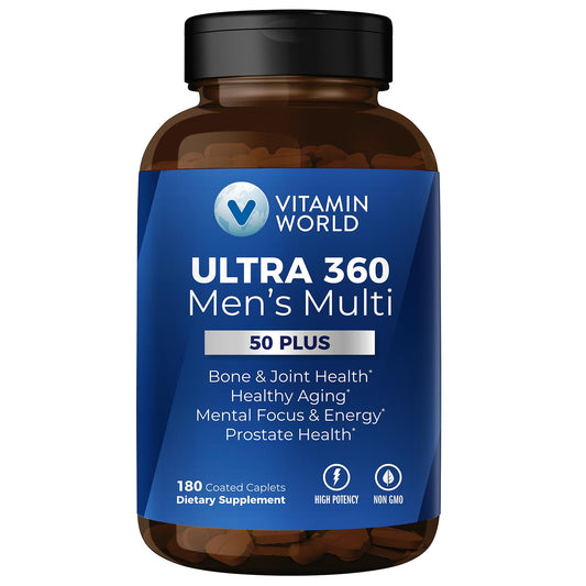Botella de multivitaminas Vitamin World Ultra 360 para hombres mayores de 50 años