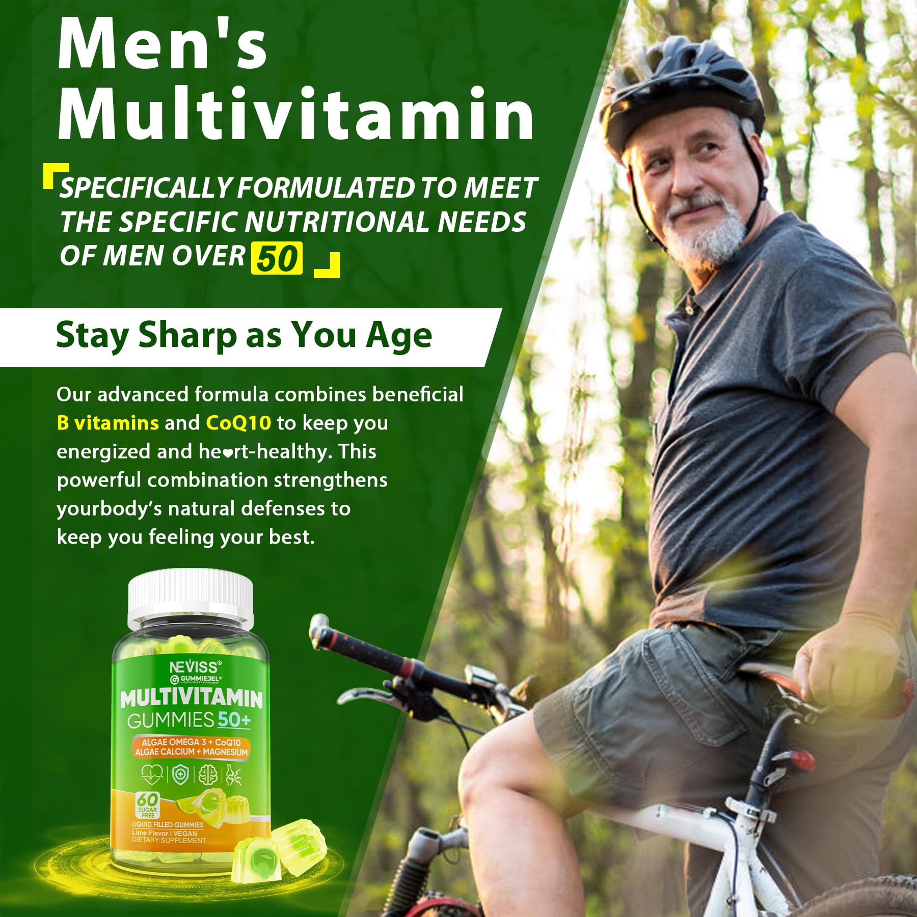 Multivitaminas para hombres formuladas para necesidades mayores de 50 años.