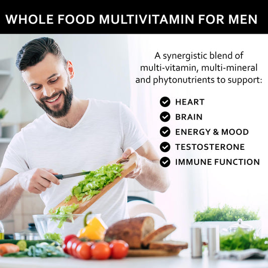 Multivitaminas para hombres mostrando ingredientes naturales