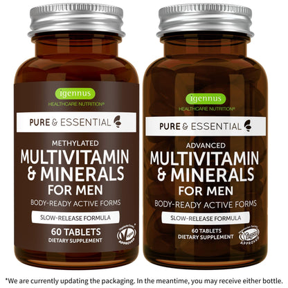 Multivitaminas Igennus para hombres en botella vegana.
