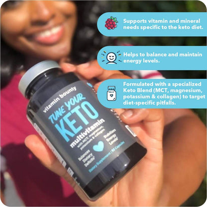 Frasco multivitaminas keto Vitamin Bounty junto a otros productos keto