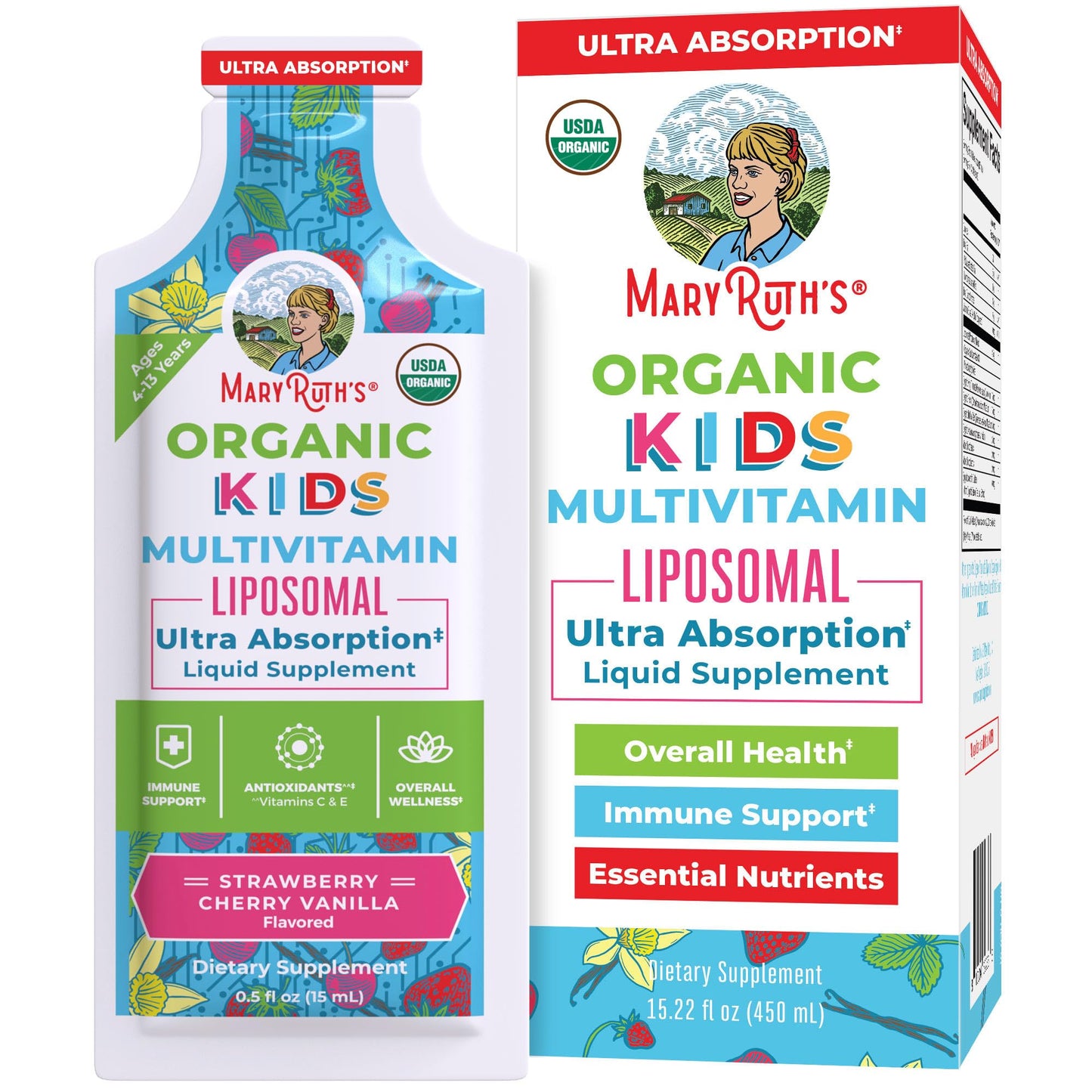Multivitaminas líquidas para niños en caja, sabor fresa y cereza