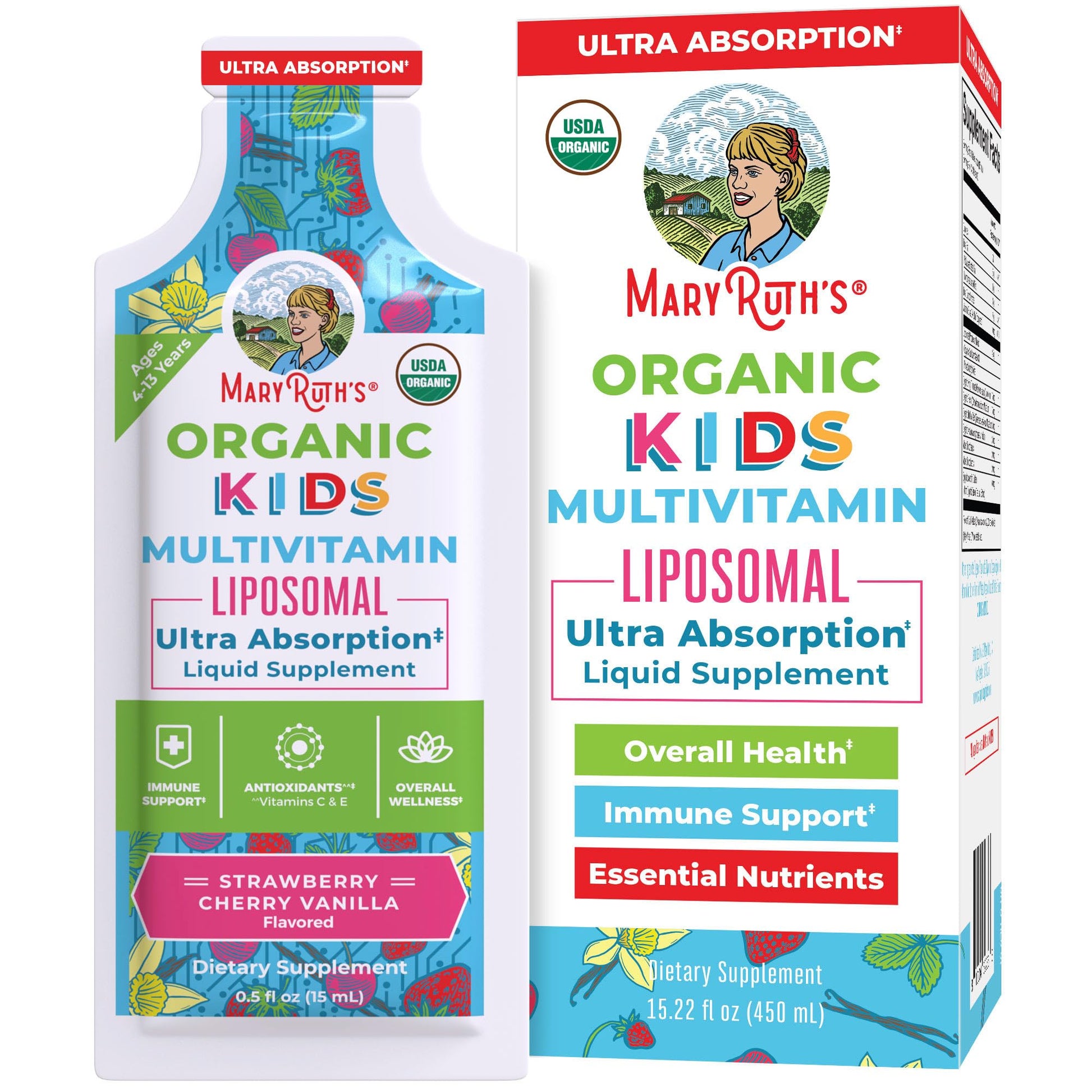 Multivitaminas líquidas para niños en caja, sabor fresa y cereza