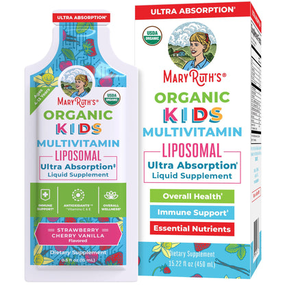 Multivitaminas líquidas para niños en caja, sabor fresa y cereza