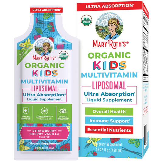 Multivitaminas líquidas para niños en caja, sabor fresa y cereza