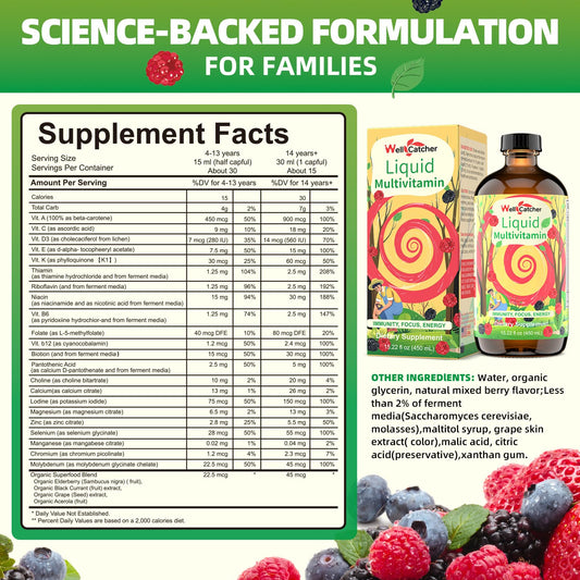 Multivitaminas líquidas para adultos y niños con vaso medidor
