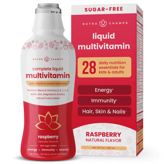 Botella de multivitaminas líquidas con sabor frambuesa